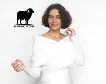 Pull de mariée en laine mérinos, veste de mariage convertible, écharpe de mariage convertible, tenue vestimentaire, veste de mariage, écharpe tricotée avec bras