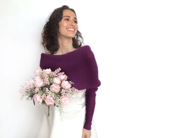 Purple bridal sweater, convertible wedding jacket, wedding pullower, cover up, bridal jacket, knitted scarf with arms plum color