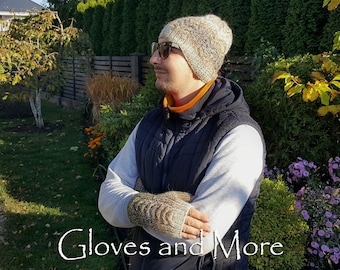 Knitted SET For Men Fingerless Gloves and Beanie Knit Wool Winter SET Warm Gloves and Beanie Winter Hat and Gloves Chunky Beanie Khaki SET