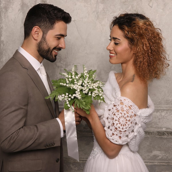 White Boho Style Knitted & Crocheted Bridal Stole, Wedding Cover Up