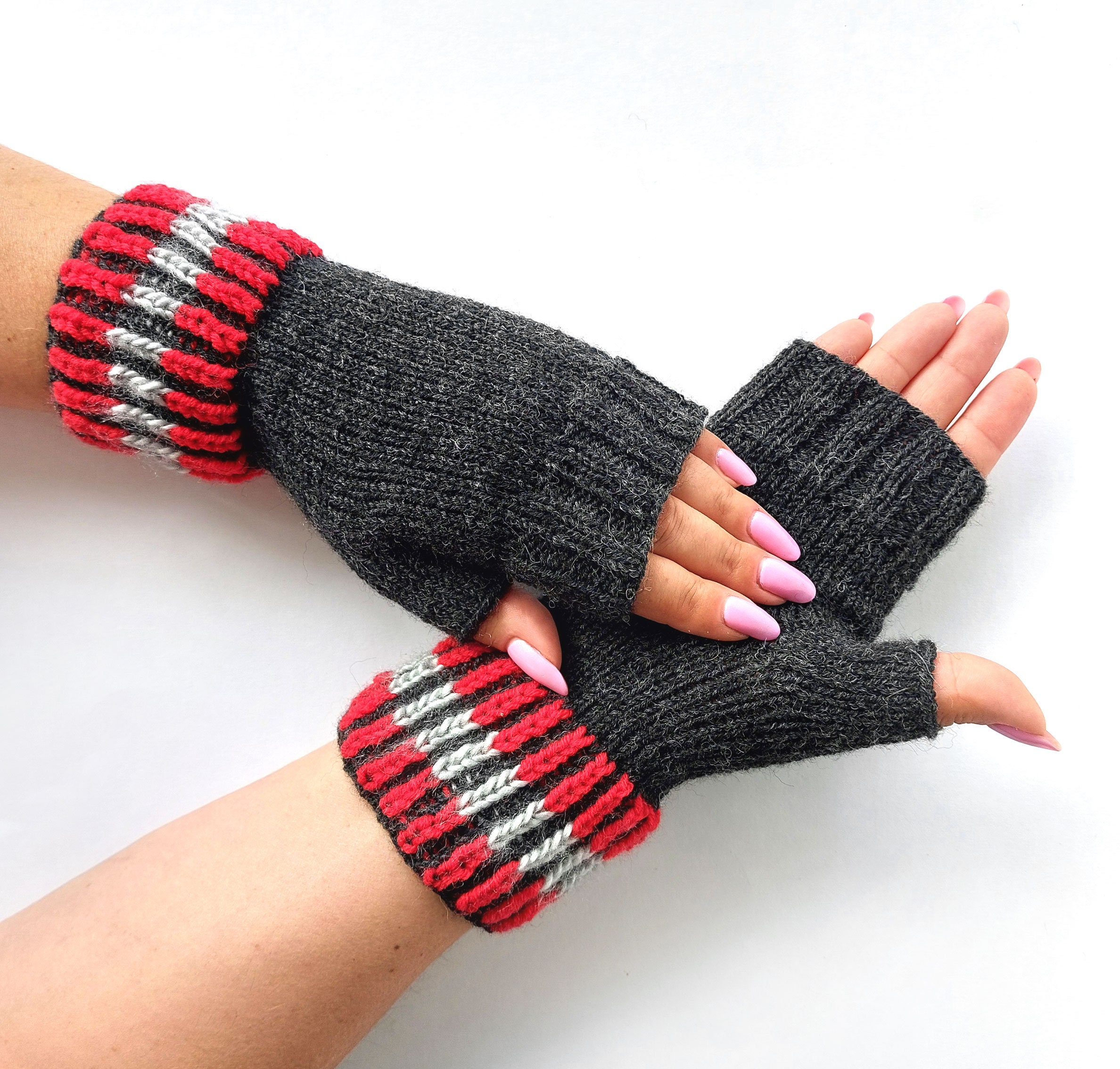 Black Knitted Fingerless Gloves: Red & Black Wrist Warmers - Etsy