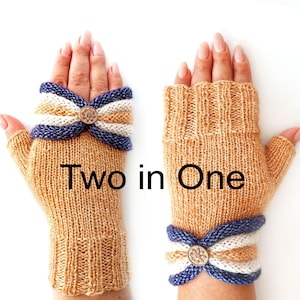 Fingerless gloves Two in One, beige fingerless hand warmers, wrist warmers, knitted striped gloves beige, Gift for woman, New design