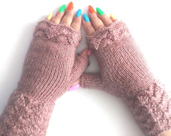 Mocha Muss Knitted Fingerless Gloves, Wool Blend Wrist Warmers