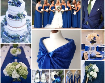 Royal blue bridesmaid shawl, bright blue wedding wrap, bridal shawl, bridal cover up, wedding bolero, knitted capelet, bridal cape plus size