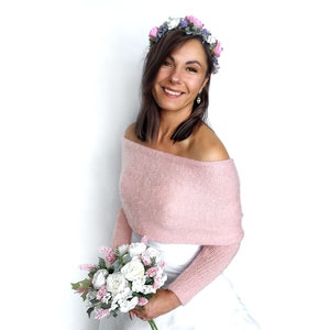 Veste de mariage rose clair, pull de mariage, tenue vestimentaire, veste de mariage, haussement d'épaules tricoté, pull de mariée, écharpe de mariée avec bras image 6