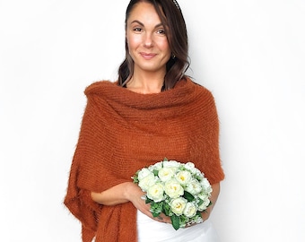 Knitted Wedding Shawl Bride Wrap – Bridal Cover Up, Bridesmaid Shawl, Warm Stole Burnt Orange