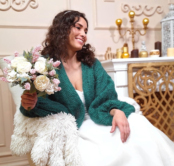 Turquoise Mohair Bridal Cardigan, Oversized Wedding Knitted Jacket