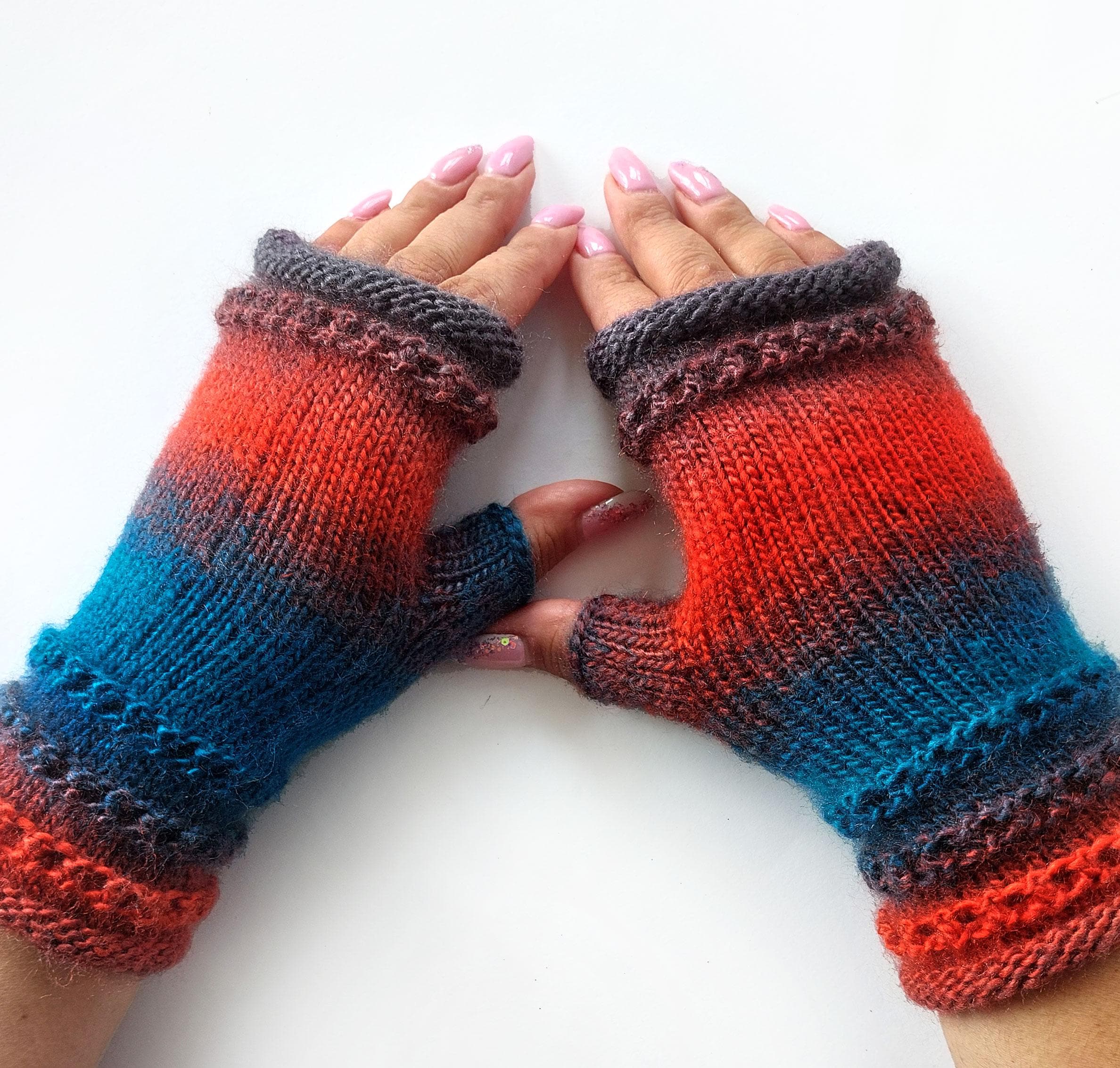 Blue and Orange Fingerless Gloves: Knitted Wrist Warmers - Etsy