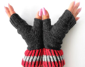 Black Knitted Fingerless Gloves: Red & Black Wrist Warmers