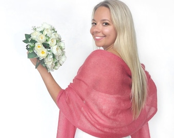 Lightweight Mohair Bridal Shawl – Knitted Wedding Wrap for Brides, Bridesmaids & Evening Wear, Coral
