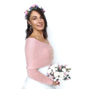 Veste de mariage rose clair, pull de mariage, tenue vestimentaire, veste de mariage, haussement d'épaules tricoté, pull de mariée, écharpe de mariée avec bras image 3