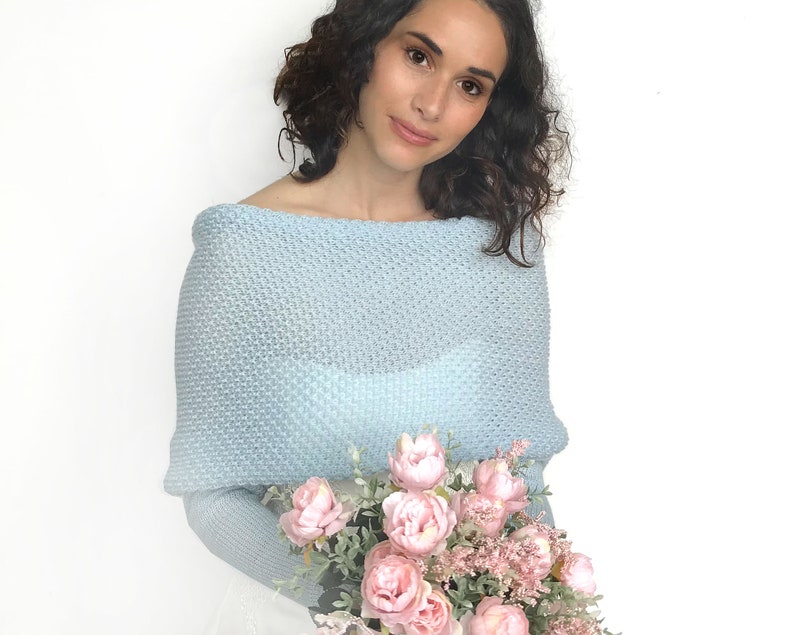 Pull de mariée bleu foncé, veste de mariage convertible, haussement d'épaules de mariage, camouflage bleu, boléro de mariage, écharpe tricotée bleu marine avec bras Light blue