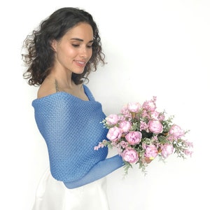 Blue bridal sweater merino wool, wedding jacket, bridal bolero, wedding wrap, shrug, cover up, wedding jacket, knitted scarf with arms blue image 5