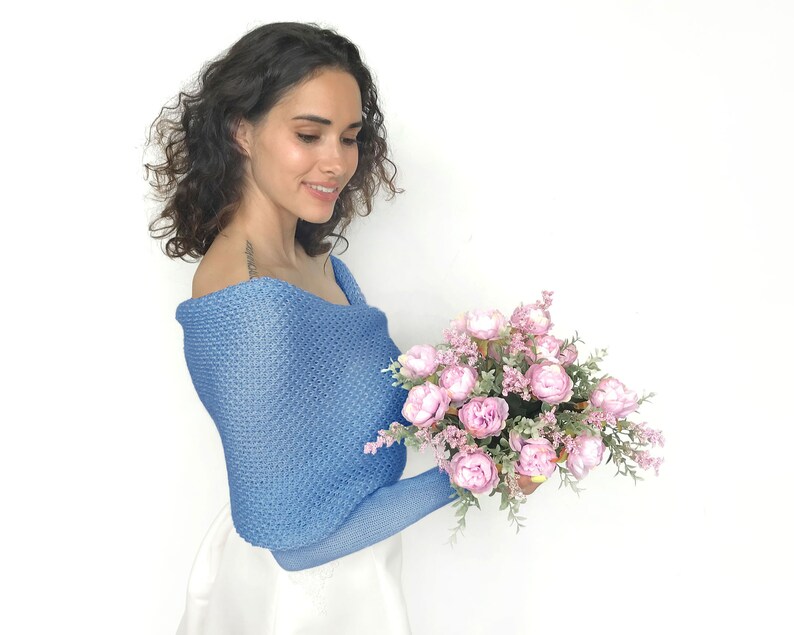 Blue bridal sweater merino wool, wedding jacket, bridal bolero, wedding wrap, shrug, cover up, wedding jacket, knitted scarf with arms blue image 5