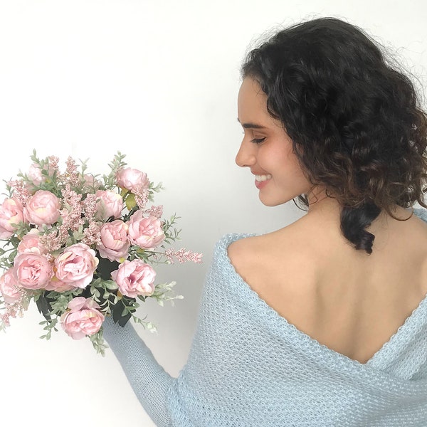 Pull de mariée bleu clair, veste de mariage convertible, haussement d'épaules de mariage, tenue vestimentaire bleue, boléro de mariage, écharpe tricotée bleu pâle avec bras