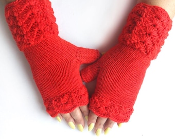 Hand Knit Fingerless Gloves, Red Merino Wool Blend, Wrist Warmers