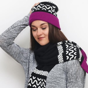 Knit Wool Winter SET, Warm Scarf and Beanie, Winter Hat and Shawl, Chunky Beanie Hat and Shawl, Patterned SET Scarf and Beanie.