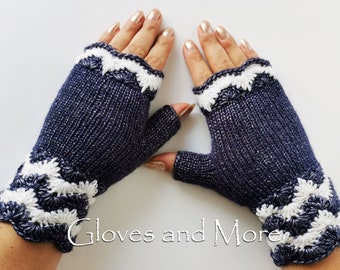 Gants bleus sans doigts, gants tricotés et crochetés, chauffe-mains sans doigts, chauffe-poignets, gants bleus, cadeau de Noël, cadeau pour femme