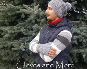 Ensemble tricoté gants sans doigts et bonnet en laine tricotée hiver SET gants chauds et bonnet chapeau d'hiver et gants bonnet épais pour hommes gris SET