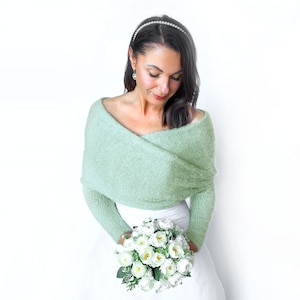 Sage green convertible wedding jacket, wedding sweater, cover up, wedding jacket, knitted shrug, bridal sweater, bridal scarf with arms image 1