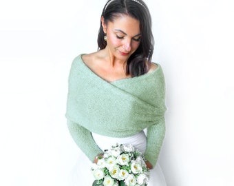 Giacca da sposa convertibile verde salvia, maglione da sposa, copertura, giacca da sposa, scrollata di spalle lavorata a maglia, maglione da sposa, sciarpa da sposa con braccia