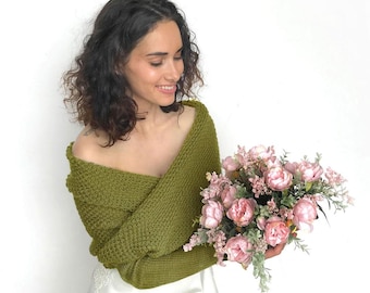 Knitted Bridal Shrug, Wedding Cover Up, Olive Green Reversible Wedding Bolero Wrap