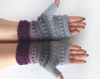 Gestrickte fingerlose Handschuhe grau und lila, fingerlose Handstulpen, Pulswärmer, Wollhandschuhe, Geschenk für Frau, Weihnachtsgeschenk