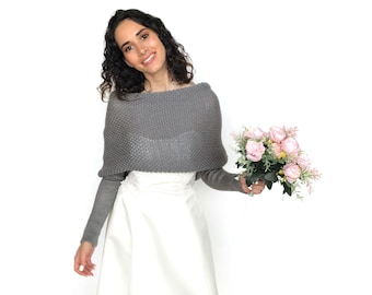 Grauer Hochzeitspullover, Hochzeitsjacke, Hochzeitsjacke, Hochzeitsjacke, gestrickter Shrug grau, Brautschal mit Armen