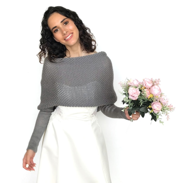 Pull de mariage convertible gris, veste de mariage convertible, camouflage gris, veste de mariage, haussement d'épaules tricoté gris, écharpe de mariée avec bras