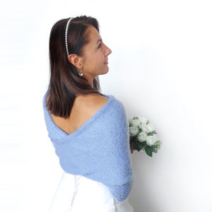 Giacca da sposa morbida azzurra, maglione da sposa, copertura, giacca da sposa, scrollata di spalle lavorata a maglia, maglione da sposa, sciarpa da sposa con braccia immagine 5