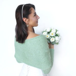 Sage green convertible wedding jacket, wedding sweater, cover up, wedding jacket, knitted shrug, bridal sweater, bridal scarf with arms image 4