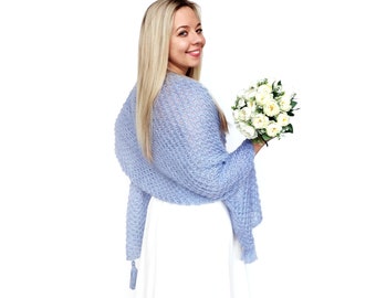 Blue mohair bridal shawl, wedding knitted shoulder scarf, wrap for winter wedding, mohair cver up, mohair flafy shawl, bridesmaids shawls