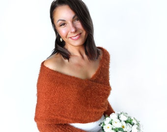 Chaqueta nupcial suave y sedosa de color naranja quemado, suéter de boda, encubrimiento, chaqueta de boda, encogimiento de hombros de punto, suéter nupcial, bufanda nupcial con brazos