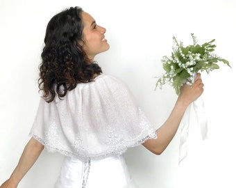 White wedding bolero, white poncho, knitted capelet, bridal cover up, bridal cape, bridesmaid shawl, wedding wrap, white lace wedding wrap