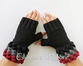 Black Knitted Hand Warmers, Fingerless Gloves, Black Fingerless Mitts, Wrist Warmers, Crocheted Gloves, Winter Black Mittens