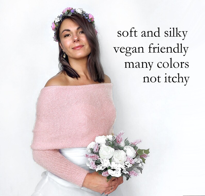 Veste de mariage rose clair, pull de mariage, tenue vestimentaire, veste de mariage, haussement d'épaules tricoté, pull de mariée, écharpe de mariée avec bras image 8