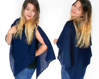 Blue Knit Wrap, Summer Poncho, Knitted Shawl, Blue Shawl, Blue Wrap, Knit Cover Up, Bolero Shrug, Royal Blue Capelet, Bridesmaid Knit Cape