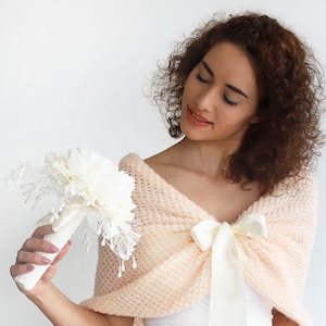 Mantón de dama de honor de melocotón claro, envoltura de boda crema, chal de novia, cubierta de novia, bolero de boda, capelet de punto, capa de novia, más tamaño también