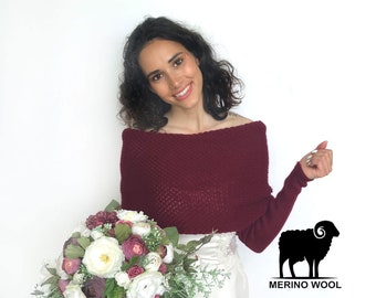 Brautpullover aus Merinowolle, bordeauxfarbener Brautpullover, Hochzeit Shrug, Hochzeit Bolero, gestrickter Schal mit Ärmeln für Winterhochzeit