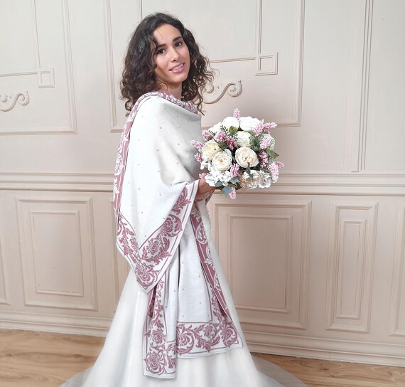 Scialle da sposa color malva, coprispalle da sposa rosa con bianco