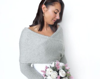 Soft Knitted Bridal Shrug for Wedding – Bolero Cover-Up for Brides & Bridesmaids Light Gray