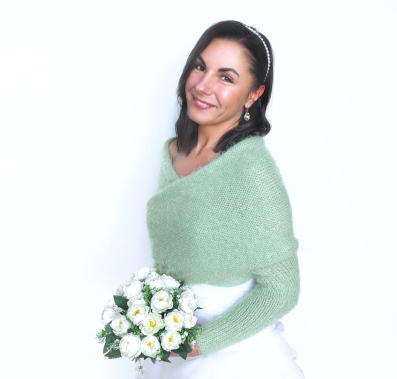 Sage green convertible wedding jacket, wedding sweater, cover up, wedding jacket, knitted shrug, bridal sweater, bridal scarf with arms image 3