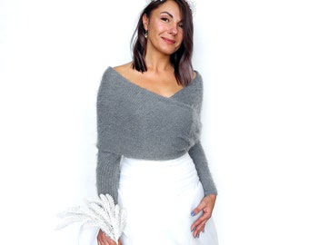 Giacca da sposa convertibile grigia, maglione da sposa grigio scuro, copertura, giacca da sposa, scrollata di spalle lavorata a maglia, maglione da sposa, sciarpa da sposa con braccia