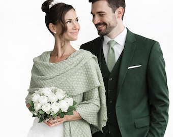 Knitted Bridal Shoulder Shawl, Wedding Wrap Stole for Brides and Bridesmaids, Sage Green