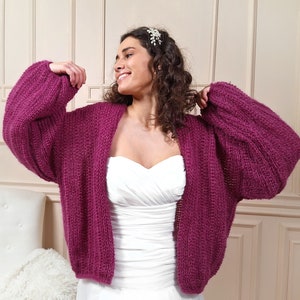 Bridal cardigan magenta, mohair bridal jacket, bridal sweater, wedding jacket, knitted shrug, bridal mohair coat, knit sweater magenta pink image 3