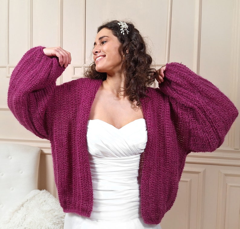 Bridal cardigan magenta, mohair bridal jacket, bridal sweater, wedding jacket, knitted shrug, bridal mohair coat, knit sweater magenta pink image 3