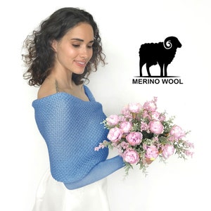 Blue bridal sweater merino wool, wedding jacket, bridal bolero, wedding wrap, shrug, cover up, wedding jacket, knitted scarf with arms blue image 1