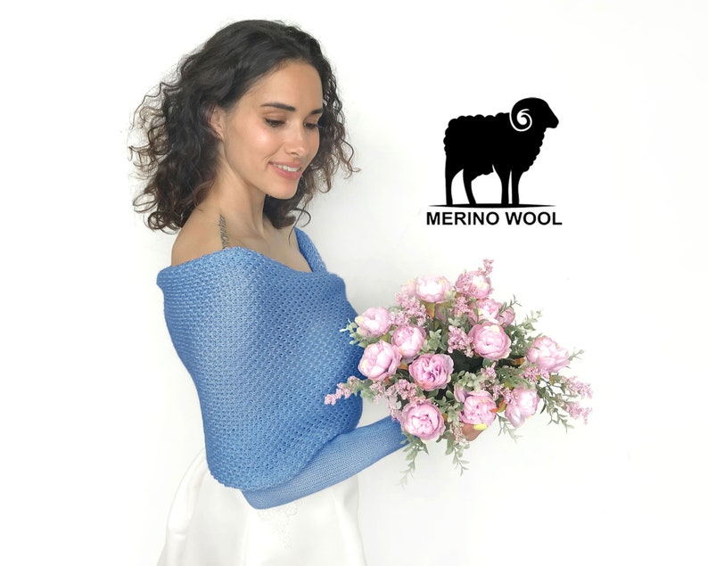 Blue bridal sweater merino wool, wedding jacket, bridal bolero, wedding wrap, shrug, cover up, wedding jacket, knitted scarf with arms blue image 1