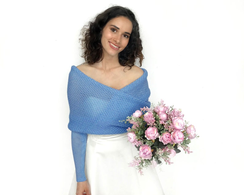 Blue bridal sweater merino wool, wedding jacket, bridal bolero, wedding wrap, shrug, cover up, wedding jacket, knitted scarf with arms blue image 3