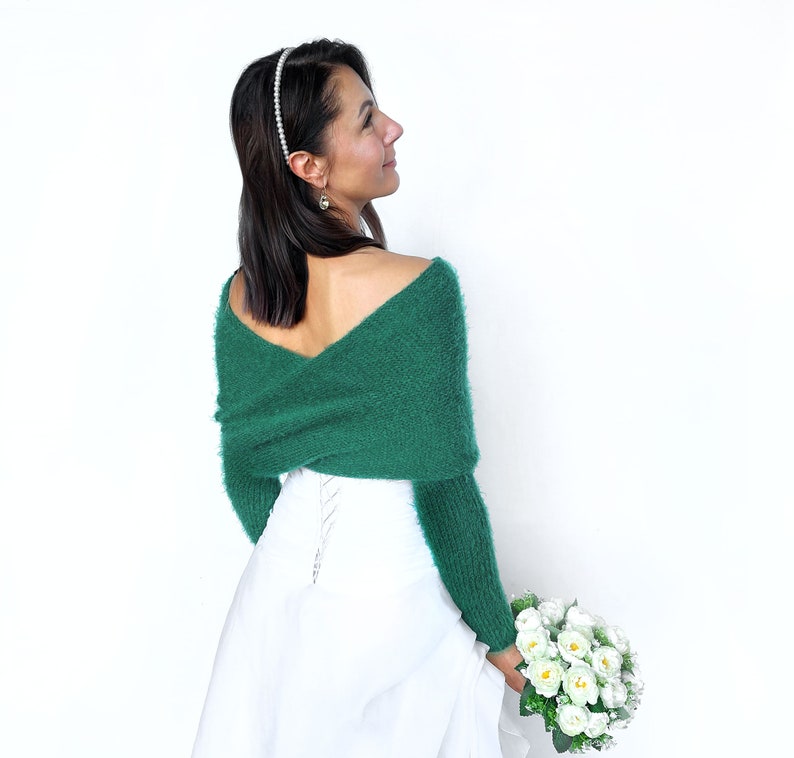 Sage green convertible wedding jacket, wedding sweater, cover up, wedding jacket, knitted shrug, bridal sweater, bridal scarf with arms Emerald green